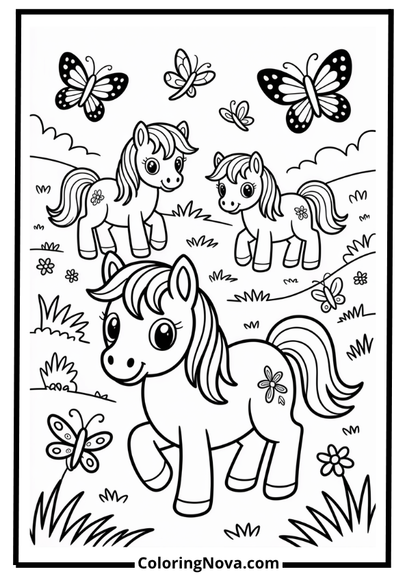 Playful Ponies in Meadow Coloring Page