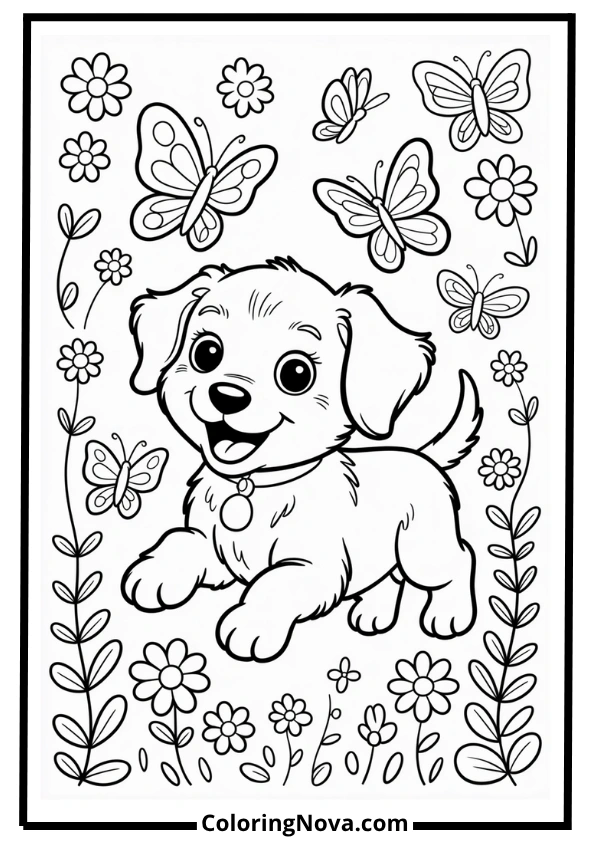 Playful Puppy in Garden Coloring Page