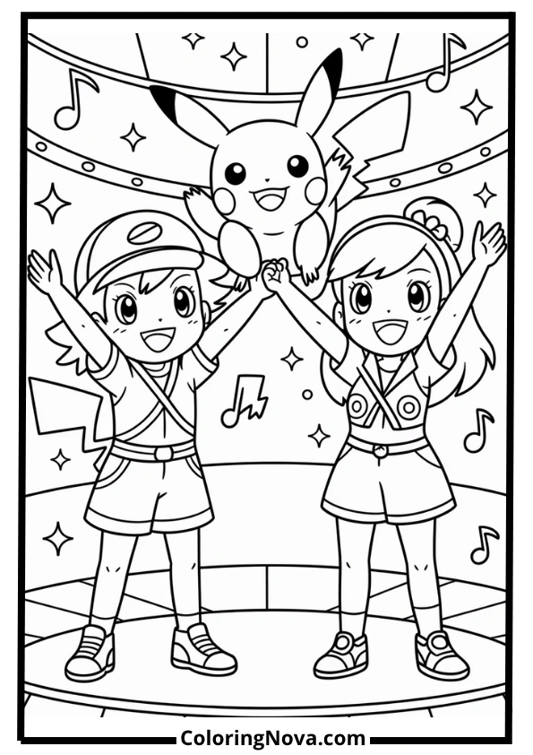 Pokémon Performance Show – Pikachu, Ash and Serena Coloring Page