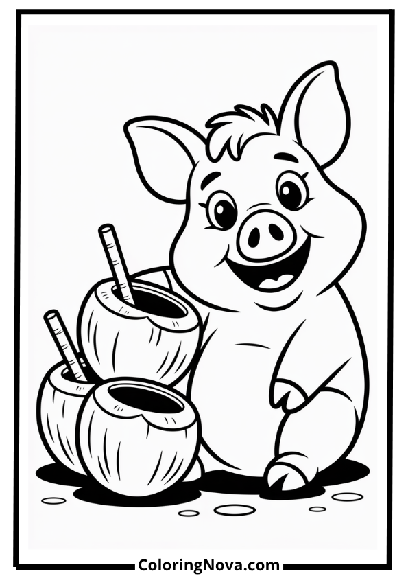 Pua the Pig and Coconuts Coloring Page