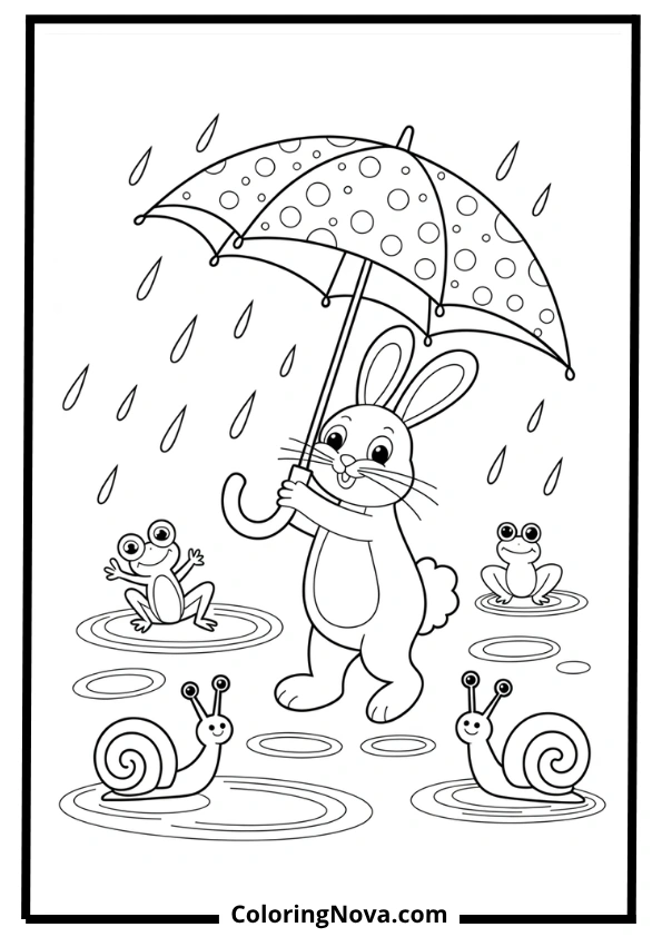 Rainy Day Bunny with Umbrella Coloring Page