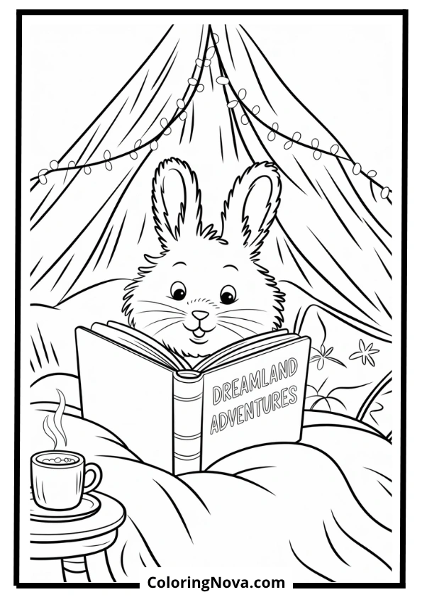 Reading Bunny in Blanket Fort Coloring Page