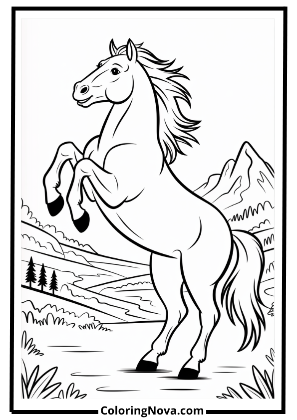 Rearing Horse in Mountains Coloring Page