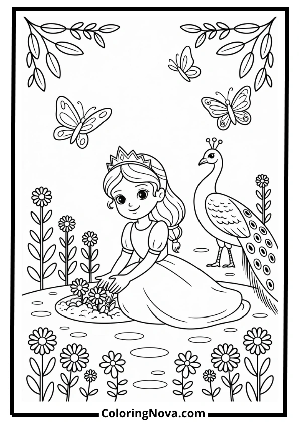 Royal Garden Princess with Butterflies Coloring Page