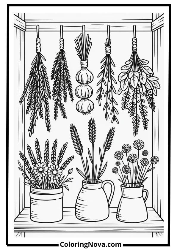 Rustic Pantry with Herbs Corner Coloring Page