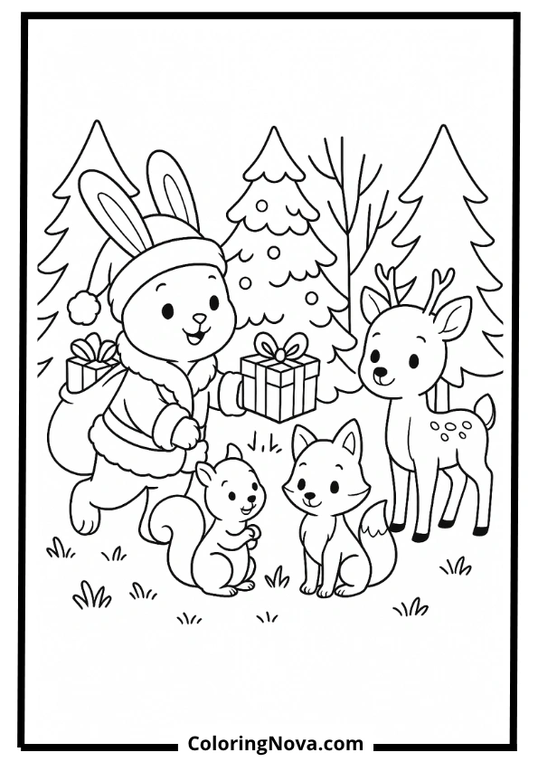 Santa Hat Bunny with Gifts Coloring Page