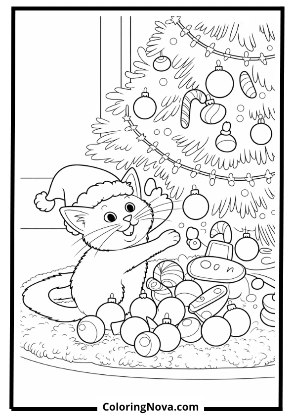 Santa Hat Cat with Ornaments Coloring Page