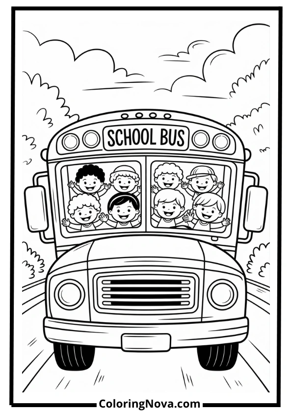 School Bus with Kids Coloring Page
