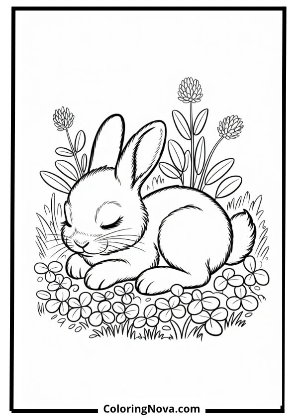 Sleeping Bunny in Clover Patch Coloring Page
