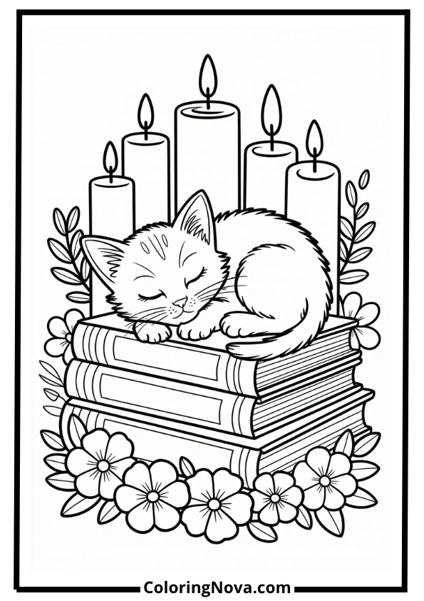 Sleeping Kitten on Books Coloring Page