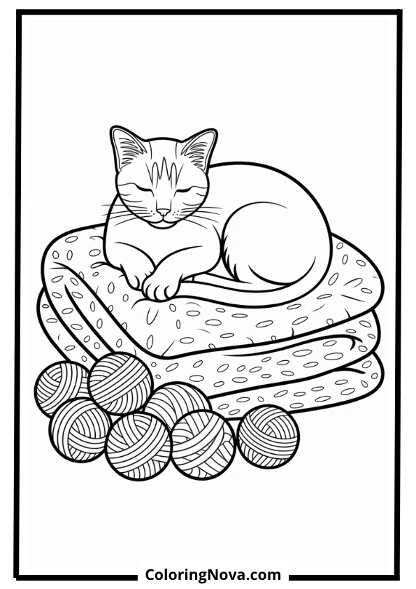 Sleeping Siamese Cat with Yarn Coloring Page