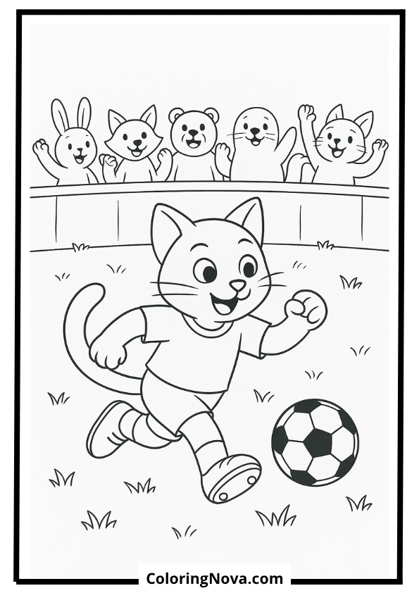 Soccer Playing Cat Coloring Page