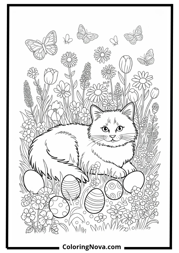 Spring Cat with Flowers and Easter Eggs Coloring Page
