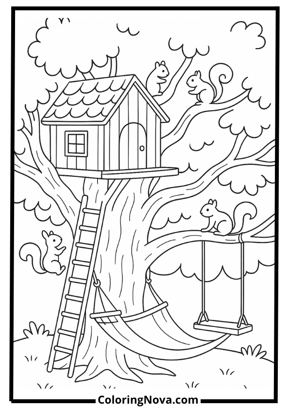 Spring blossom treehouse coloring page