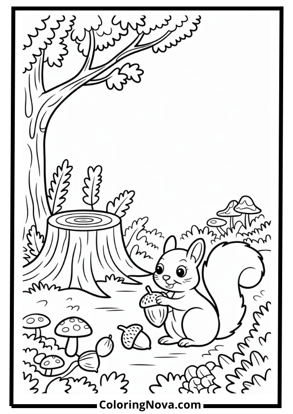 Squirrel and Acorns Woodland Corner Coloring Page