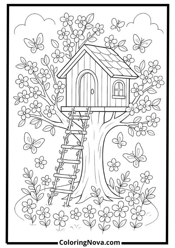 Squirrel family treehouse coloring page