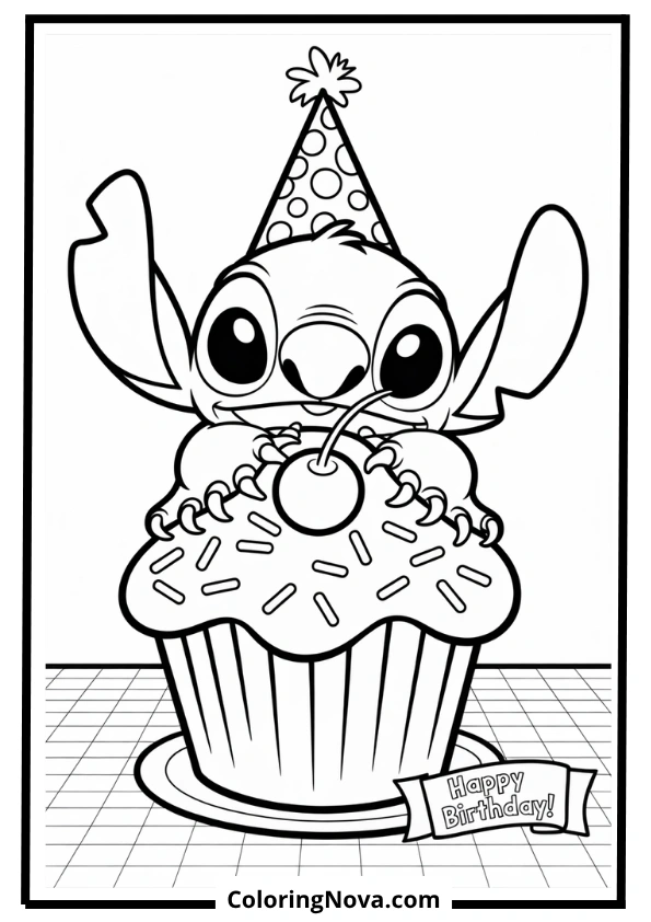 Stitch Behind a Giant Cupcake Coloring Page