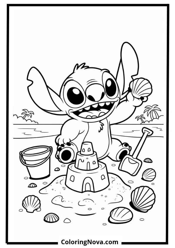 Stitch Building a Sandcastle Coloring Page