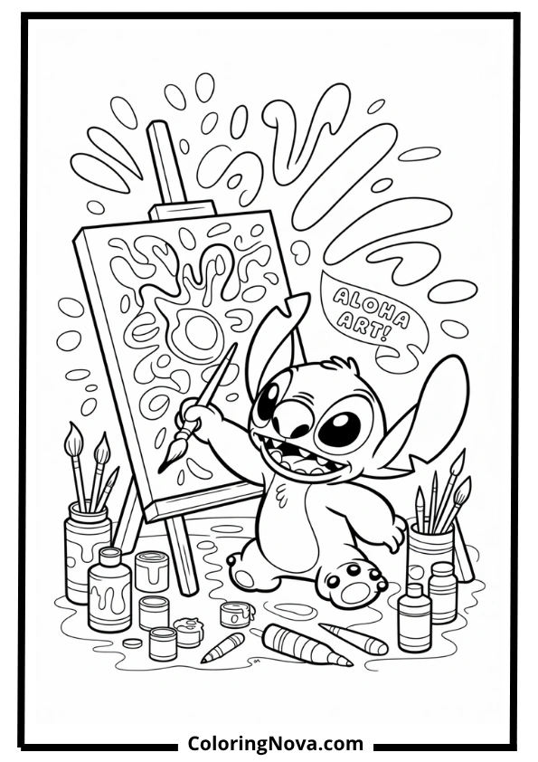 Stitch Painting on a Canvas Coloring Page