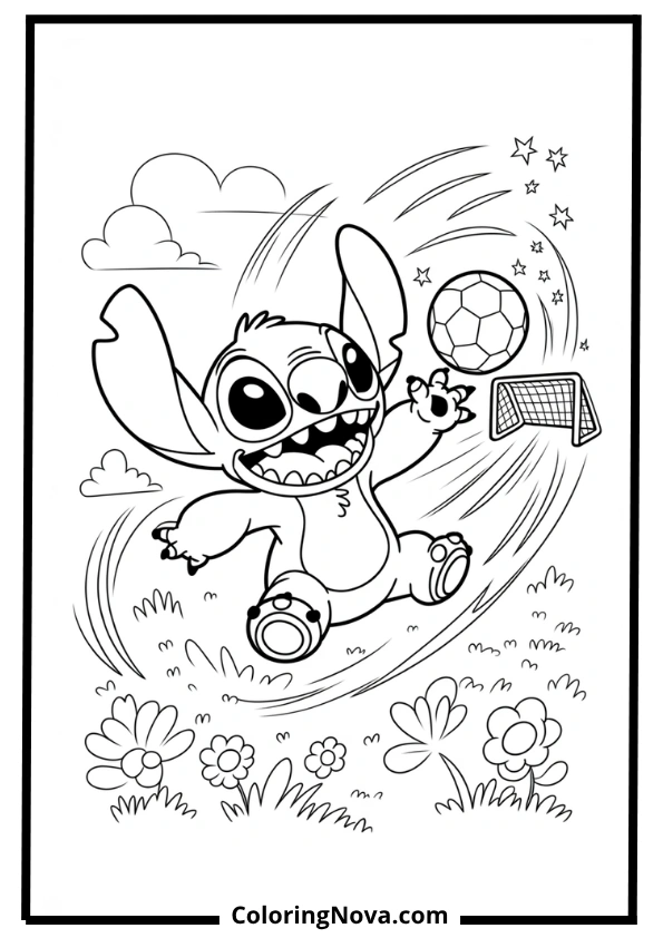 Stitch Playing Soccer Coloring Page
