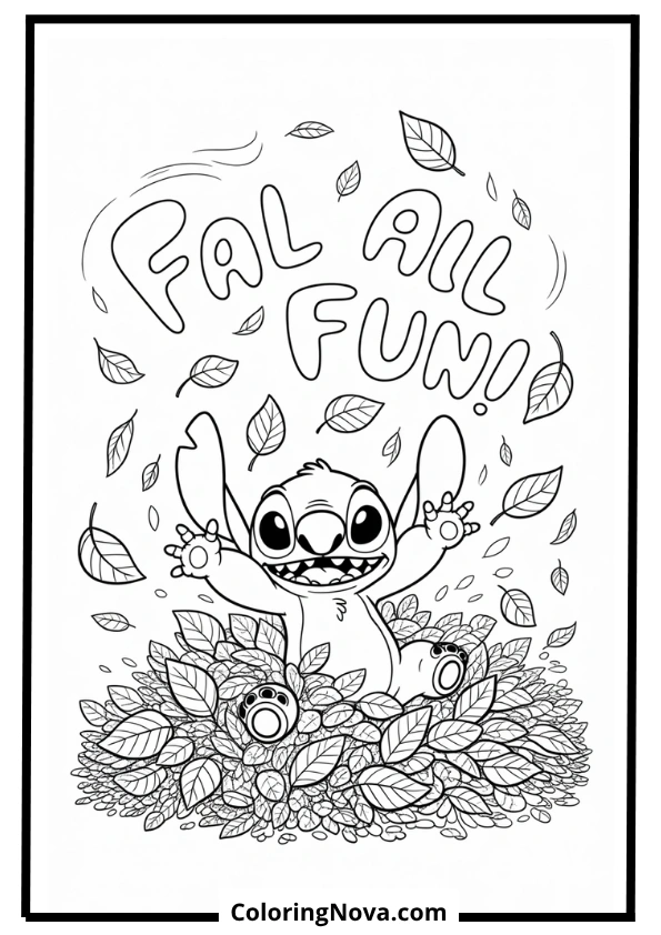 Stitch Playing in Autumn Leaves Coloring Page