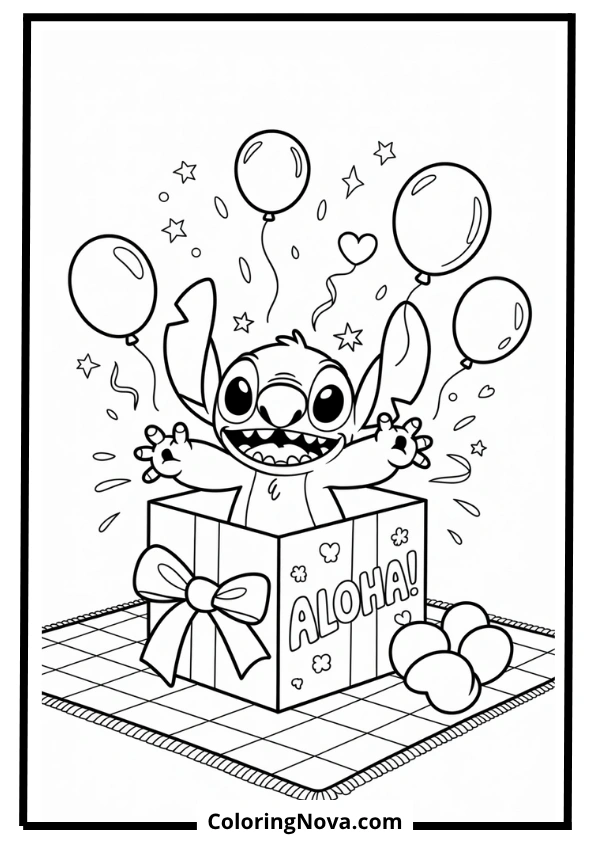 Stitch Popping Out of a Gift Box Coloring Page
