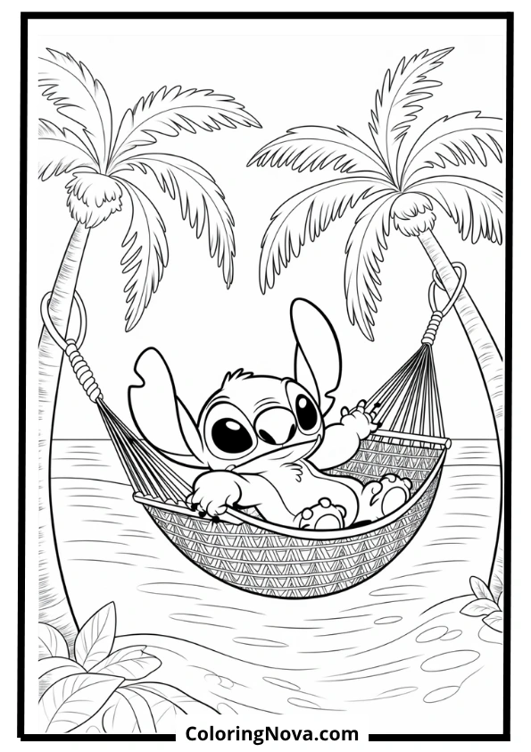 Stitch Relaxing in a Hammock Coloring Page