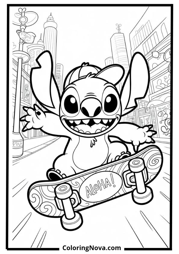 Stitch Skateboarding in the City Coloring Page