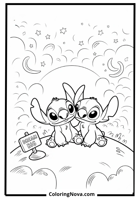 Stitch and Angel on a Starry Hilltop Coloring Page