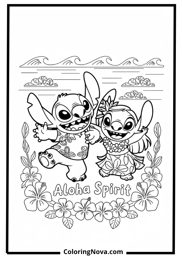 Stitch and Lilo Dancing Hula Coloring Page
