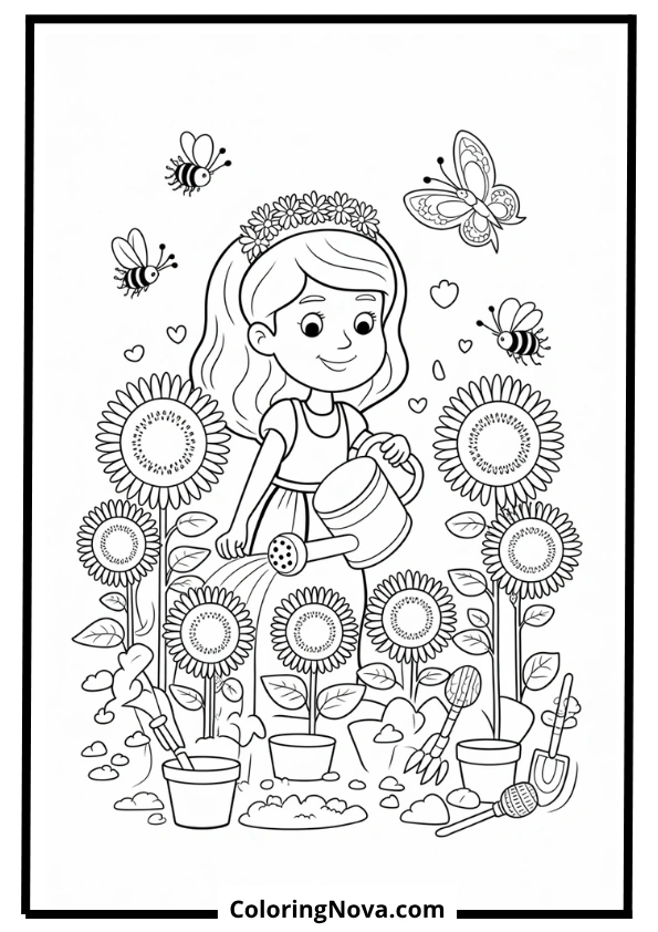 Sunflower Garden Princess Coloring Page