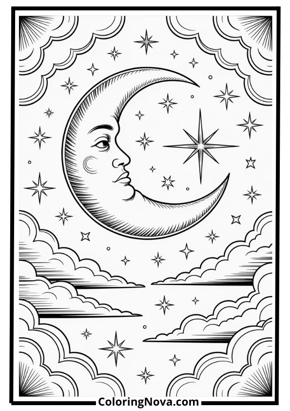 Surreal Moon and Stars Coloring Page