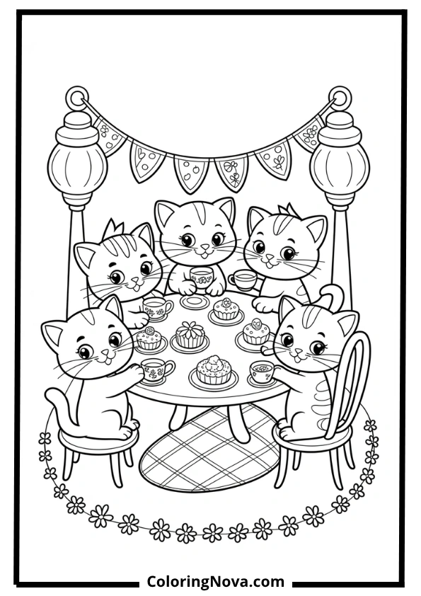 Tea Party with Kittens Coloring Page