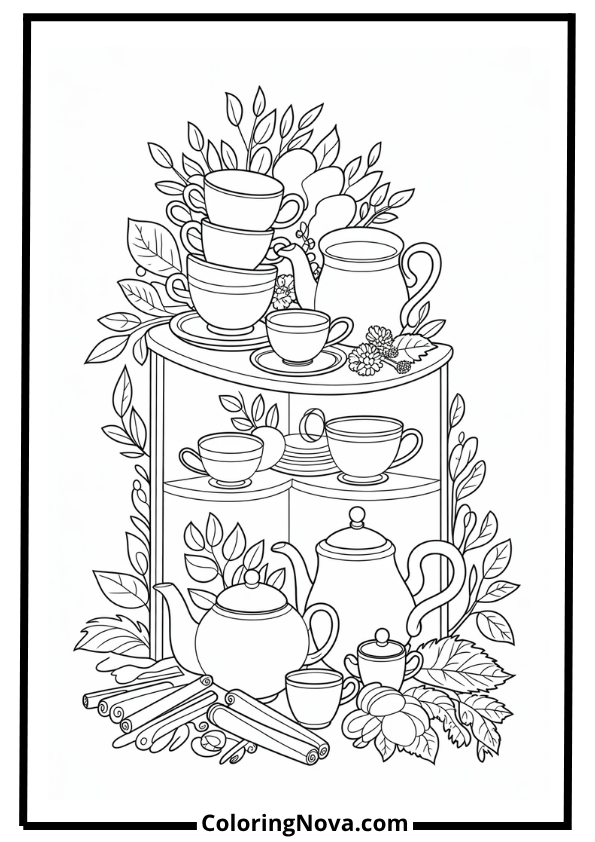 Tea Shelf & Spices – Cozy Kitchen Coloring Page