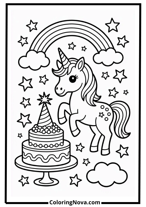 Unicorn Birthday Cake Coloring Page