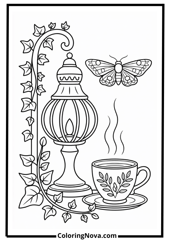 Vintage Lamp and Tea Corner Coloring Page