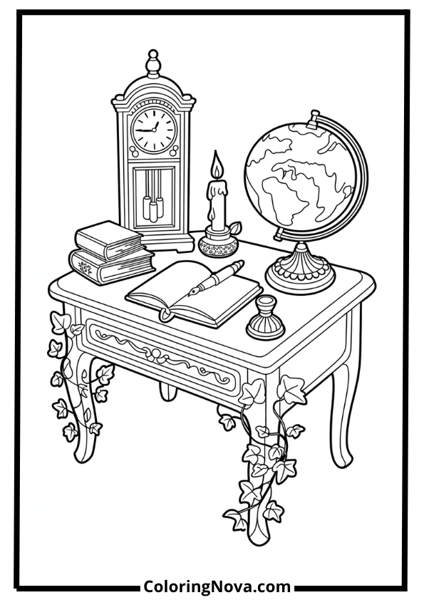 Vintage Writing Desk Corner Coloring Page