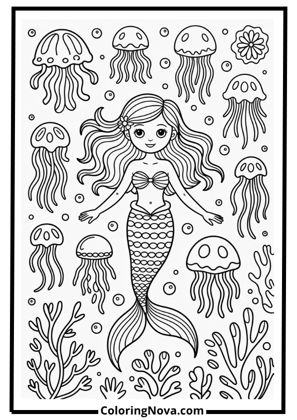 Whimsical Mermaid Underwater World Coloring Page