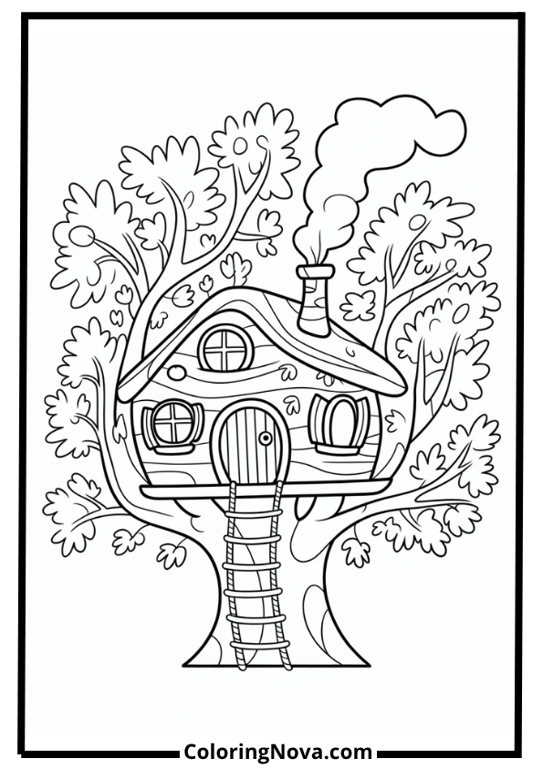 Whimsical treehouse coloring page