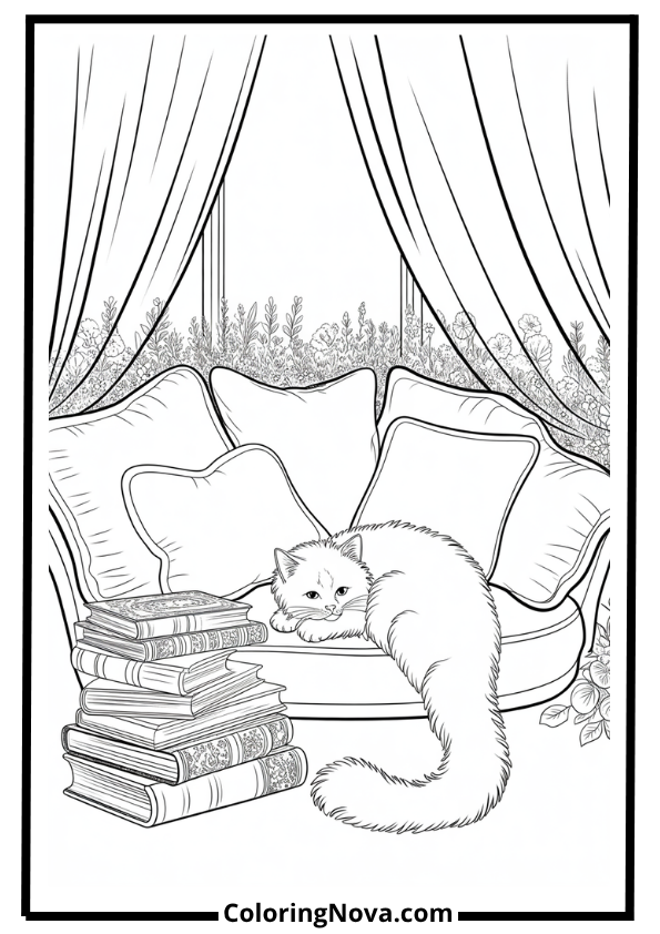 Window Seat with Cat Corner Coloring Page