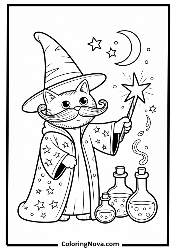 Wizard Cat with Magic Spells Coloring Page