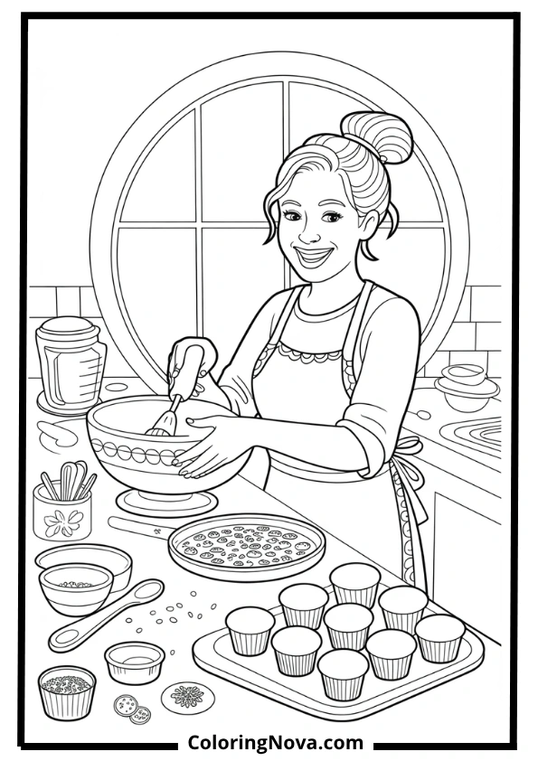 Woman Baking Cupcakes in Kitchen Coloring Page