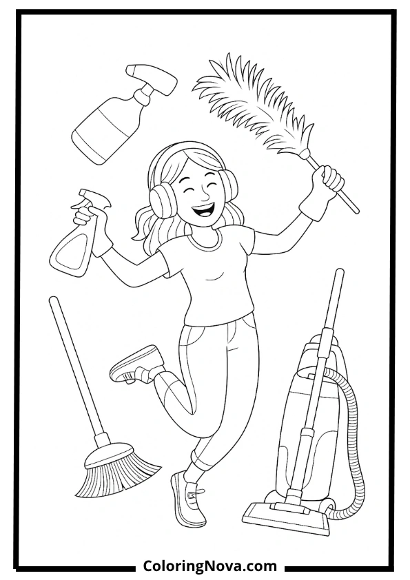 Woman Dancing While Cleaning with Headphones Coloring Page