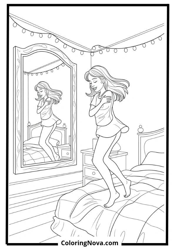 Woman Dancing in Bedroom with Fairy Lights Coloring Page
