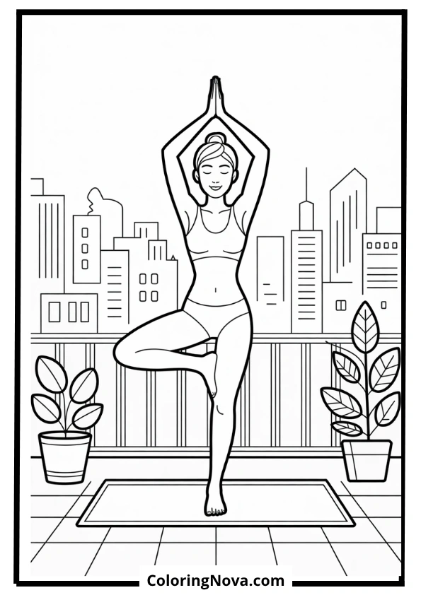 Woman Doing Yoga on Balcony Coloring Page