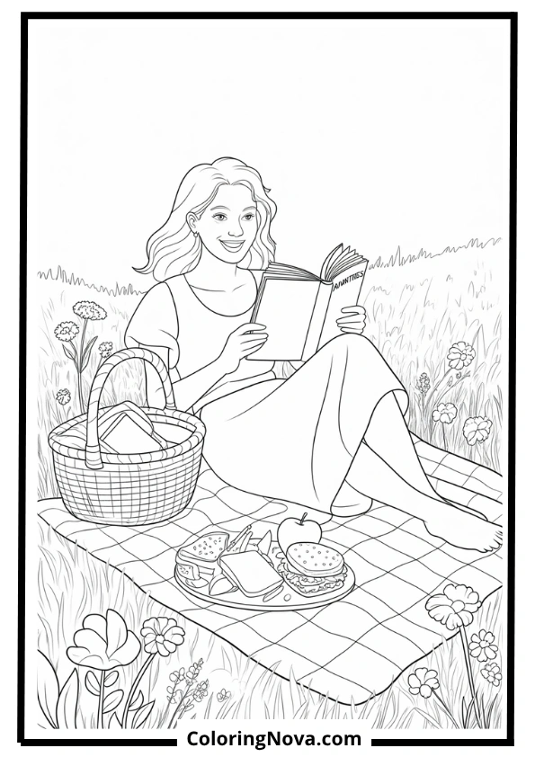Woman Having Solo Picnic with Book Coloring Page