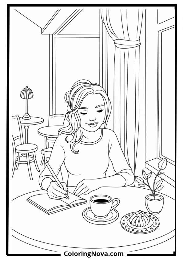 Woman Journaling in Cozy Café Coloring Page