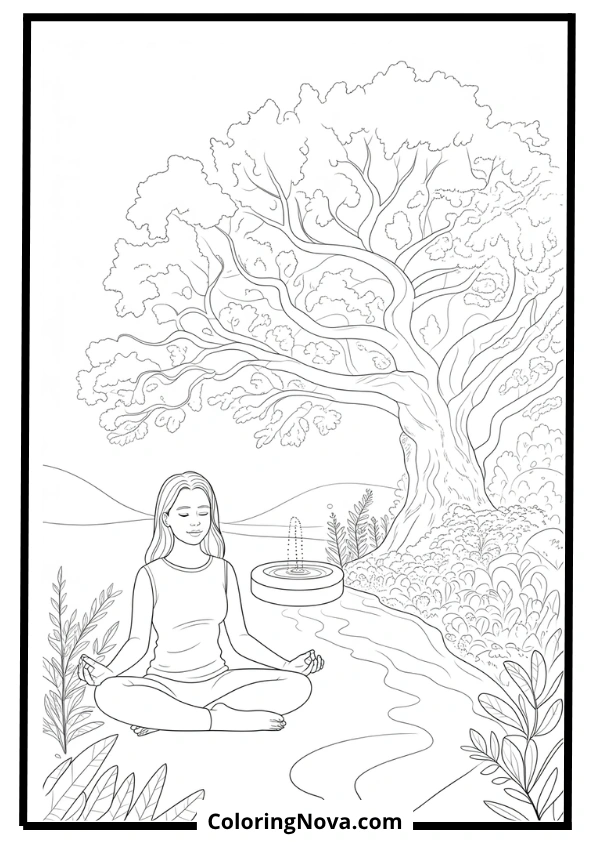 Woman Meditating Under a Tree Coloring Page