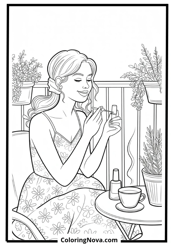 Woman Painting Nails on Balcony Coloring Page