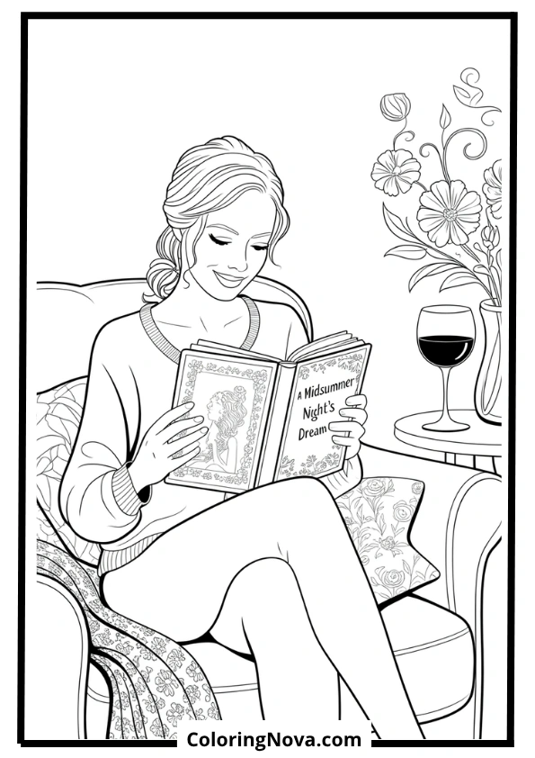 Woman Reading with Wine on Couch Coloring Page